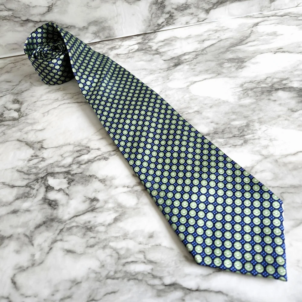 100% Silk Hand Made Mens Necktie, Green & Blue Pattern